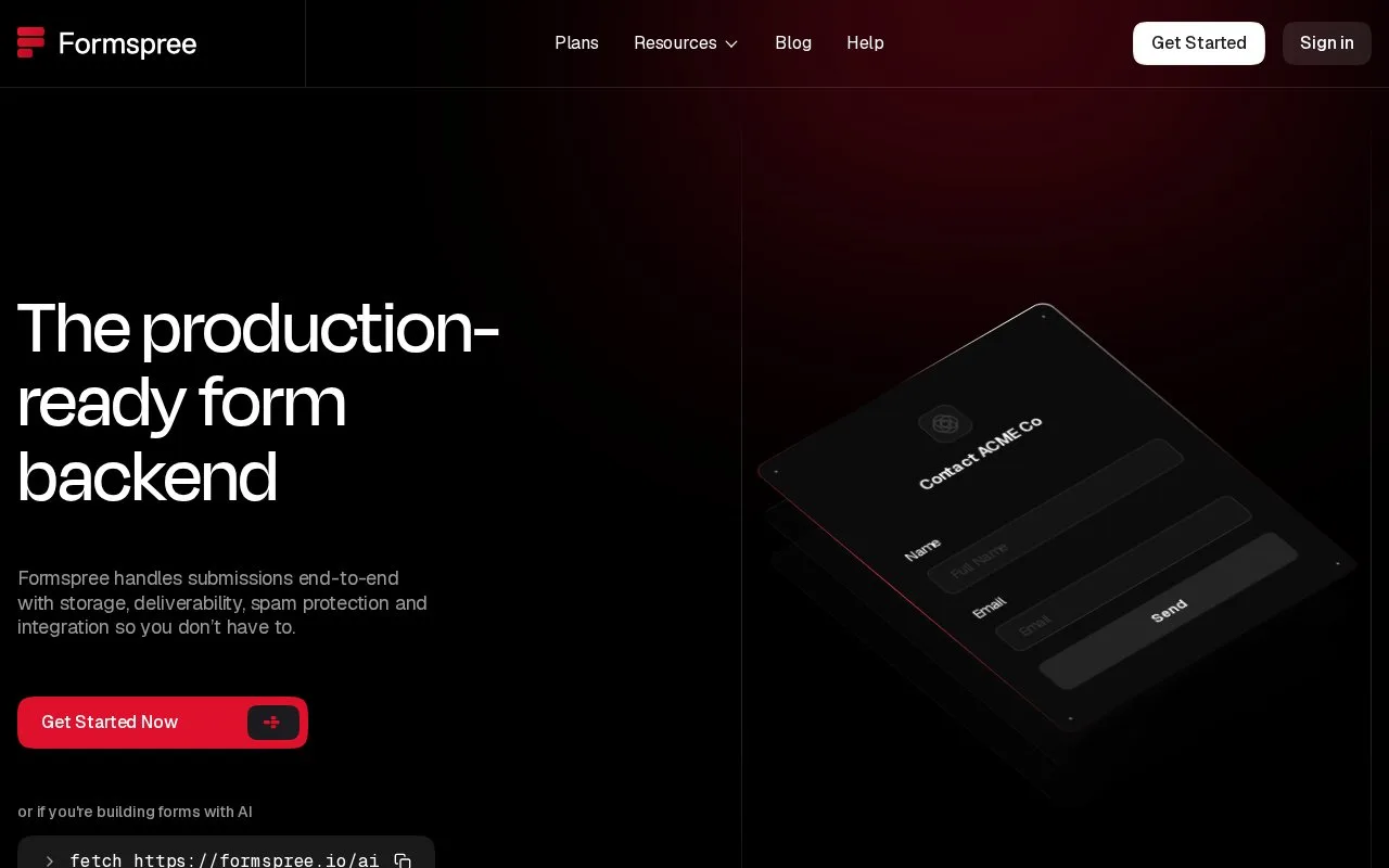 Screenshot of the Formspree homepage