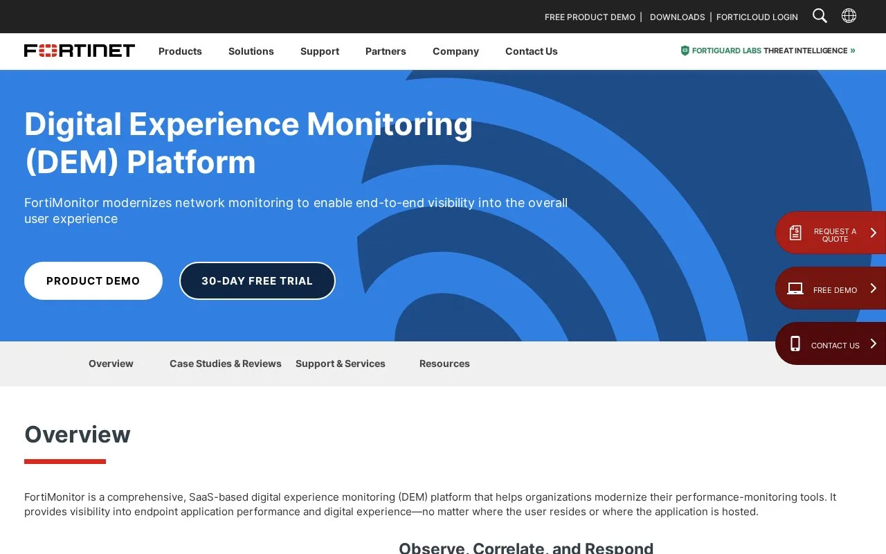 Screenshot of the FortiMonitor homepage