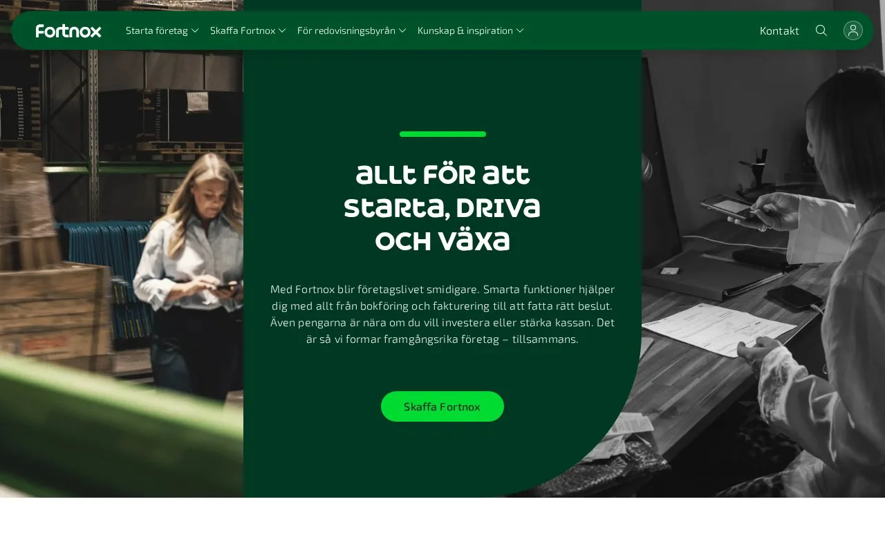 Screenshot of the Fortnox homepage