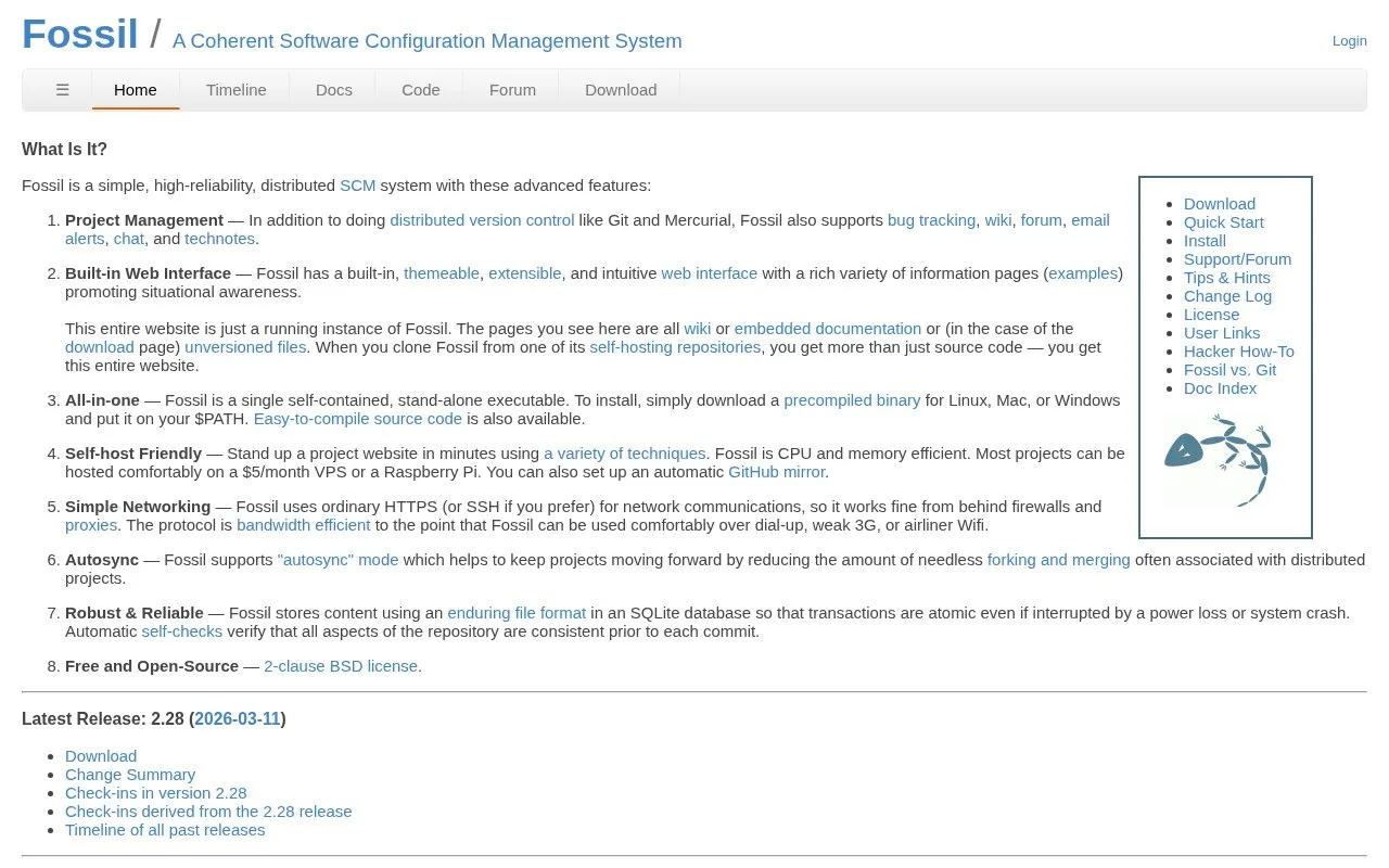Screenshot of the Fossil SCM homepage