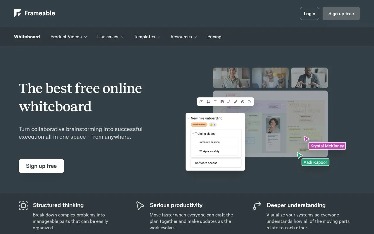 Screenshot of the Frameable Whiteboard homepage
