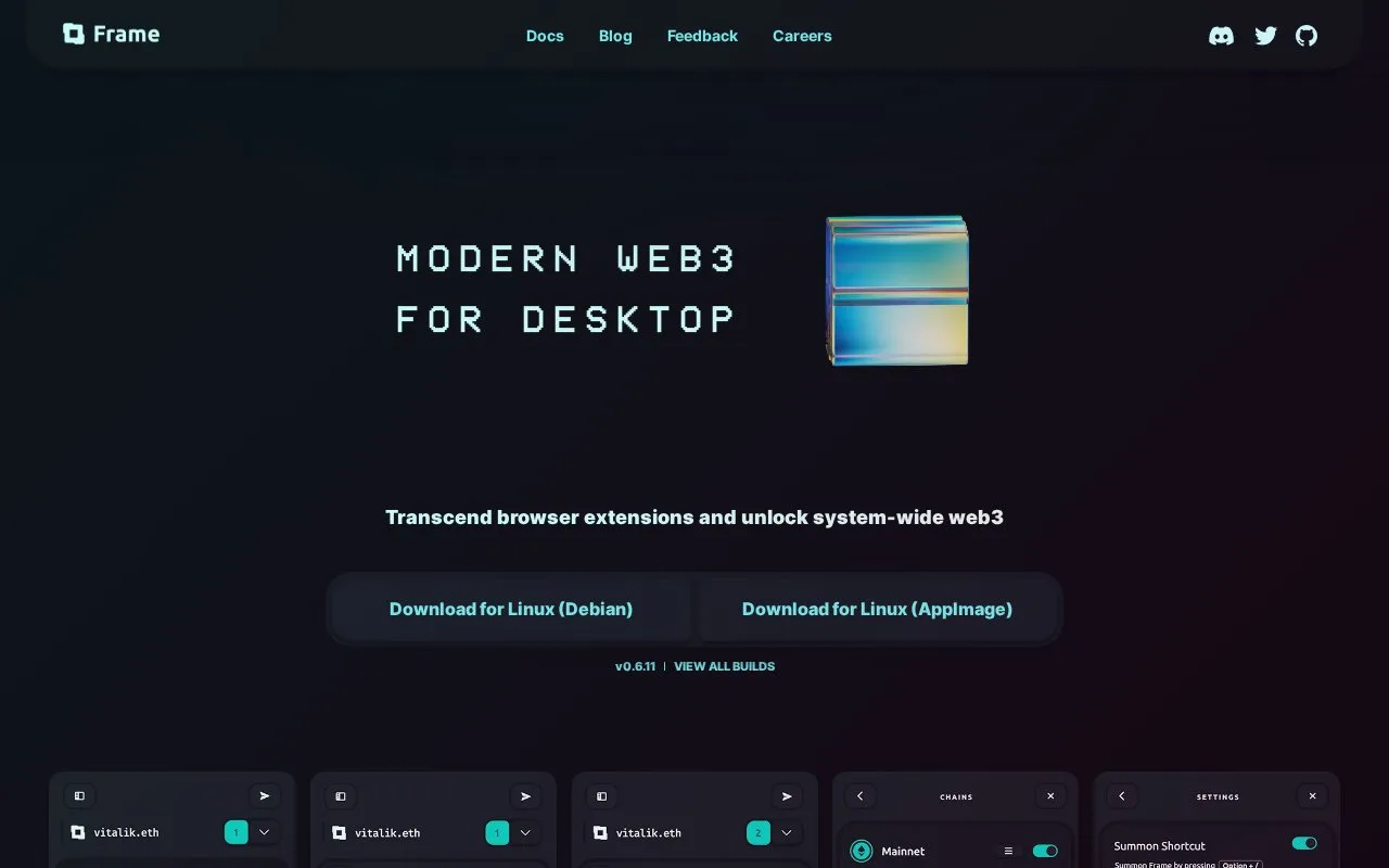 Screenshot of the Frame homepage