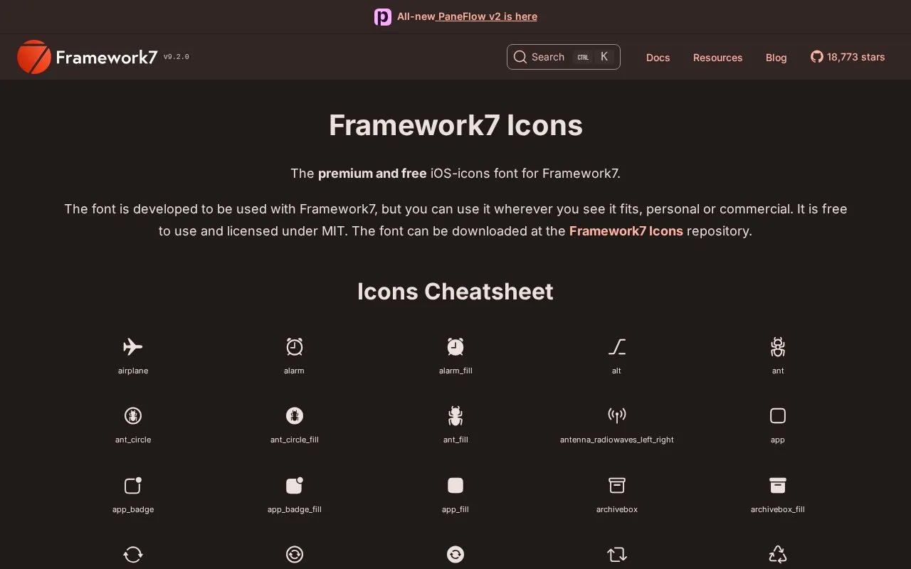 Screenshot of the Framework7 Icons homepage