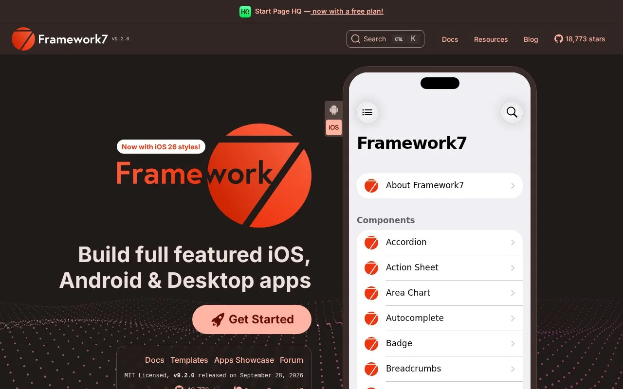 Screenshot of the Framework7 homepage