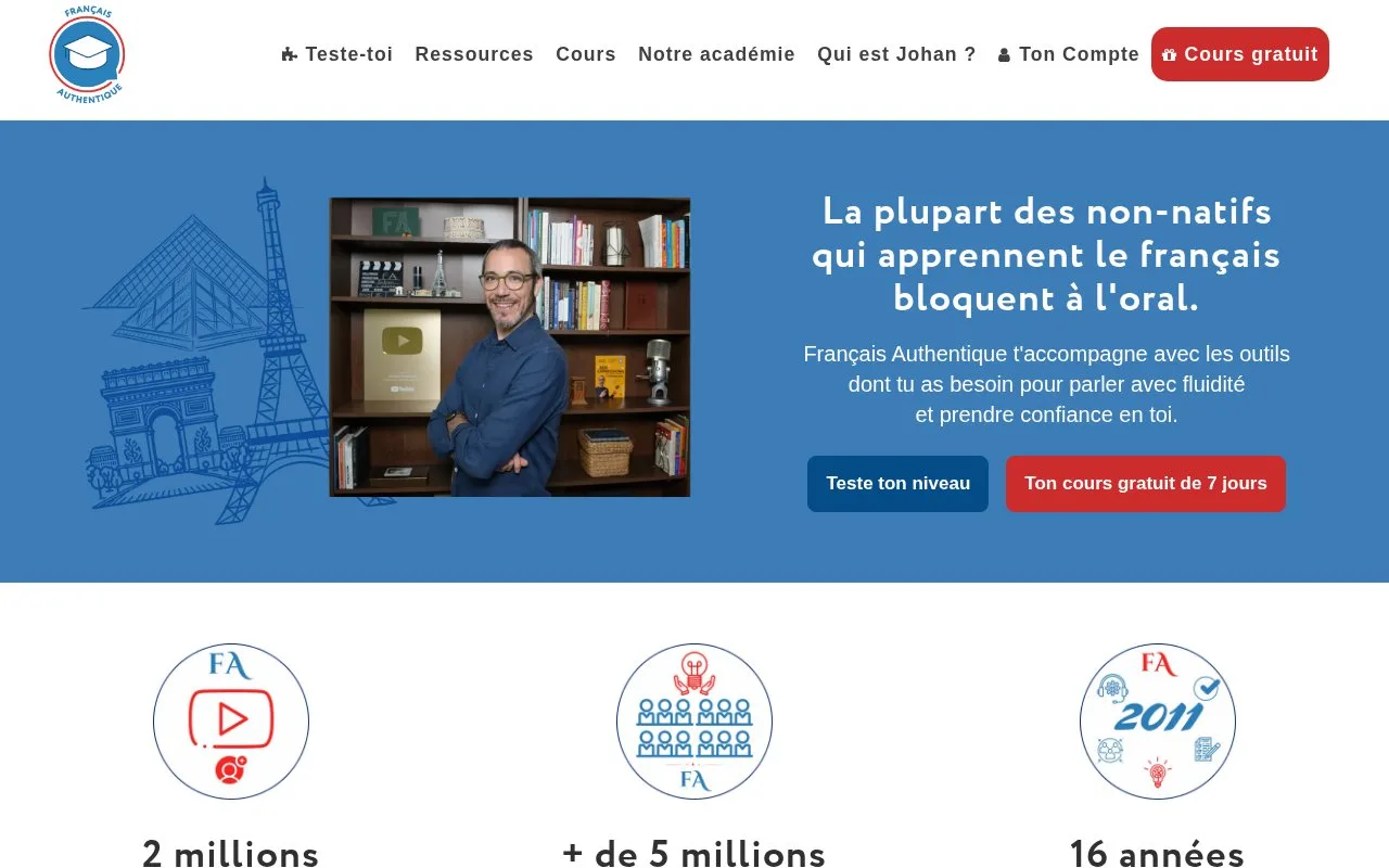 Screenshot of the Français Authentique homepage