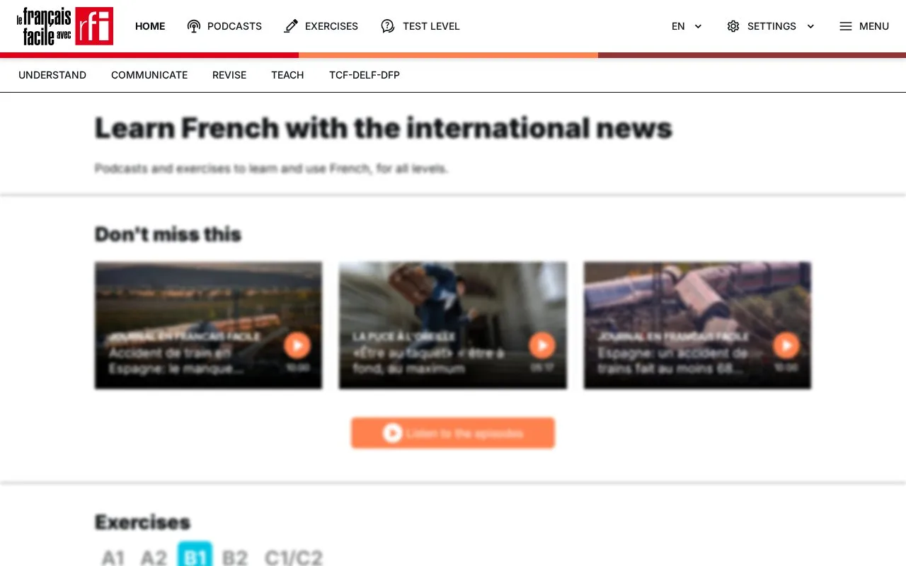 Screenshot of the Le français facile avec RFI homepage