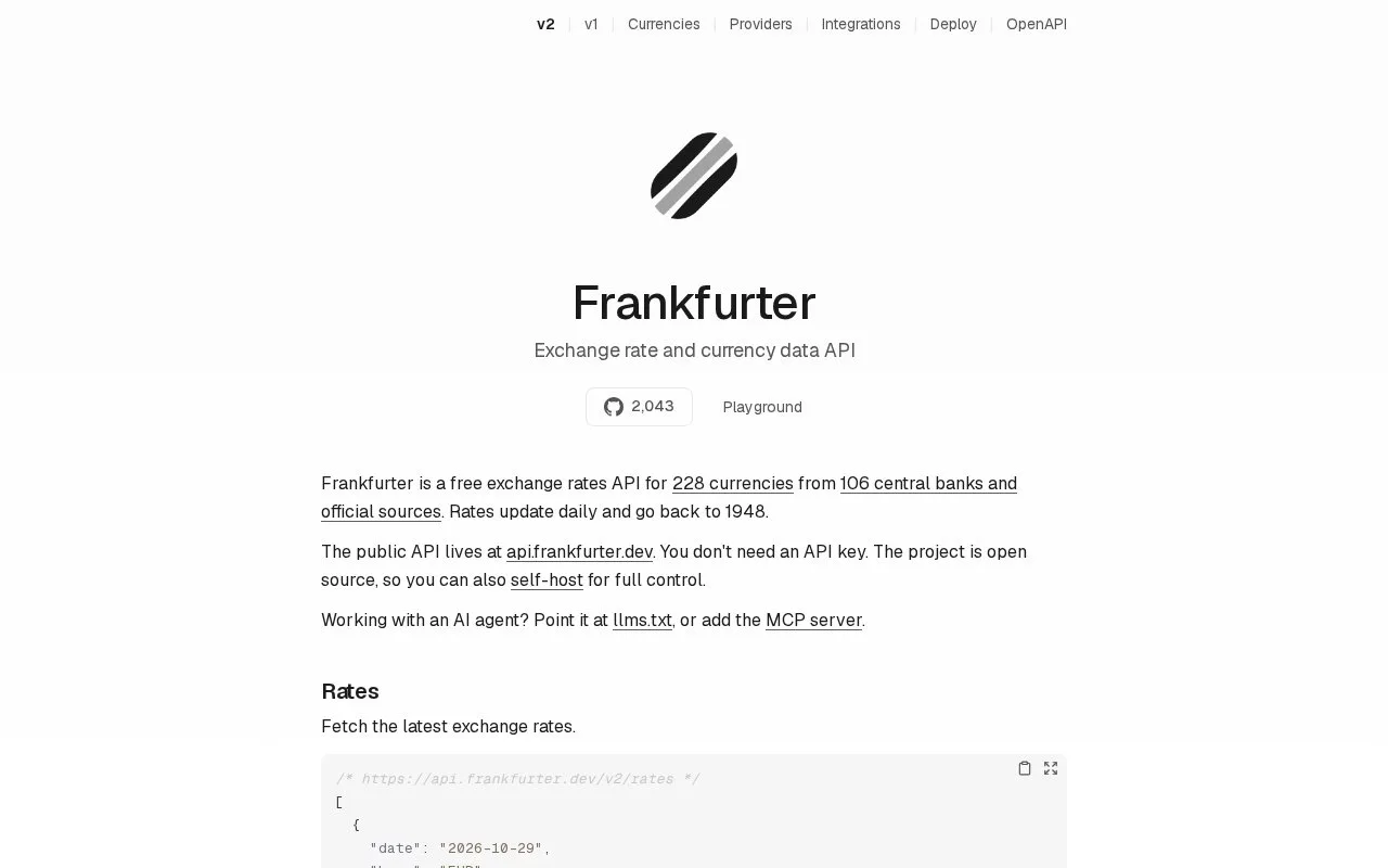 Screenshot of the Frankfurter API homepage