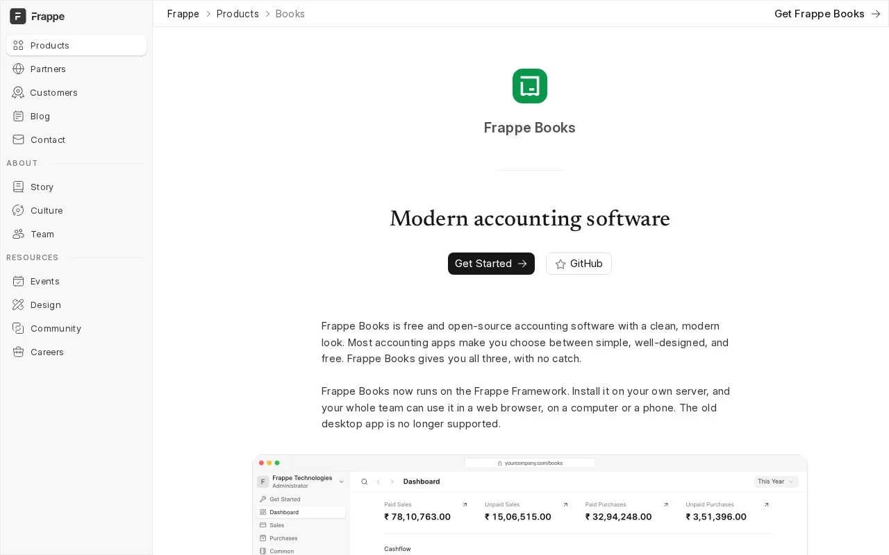 Screenshot of the Frappe Books homepage