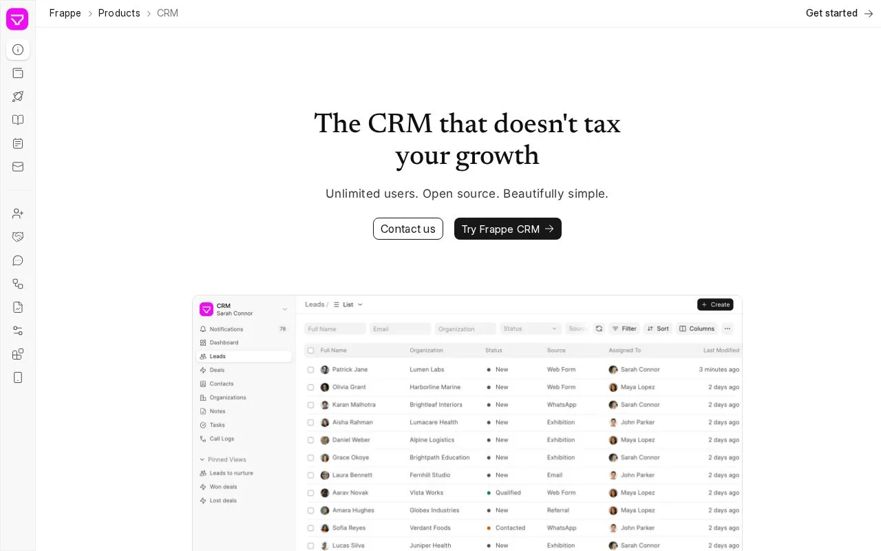 Screenshot of the Frappe CRM homepage