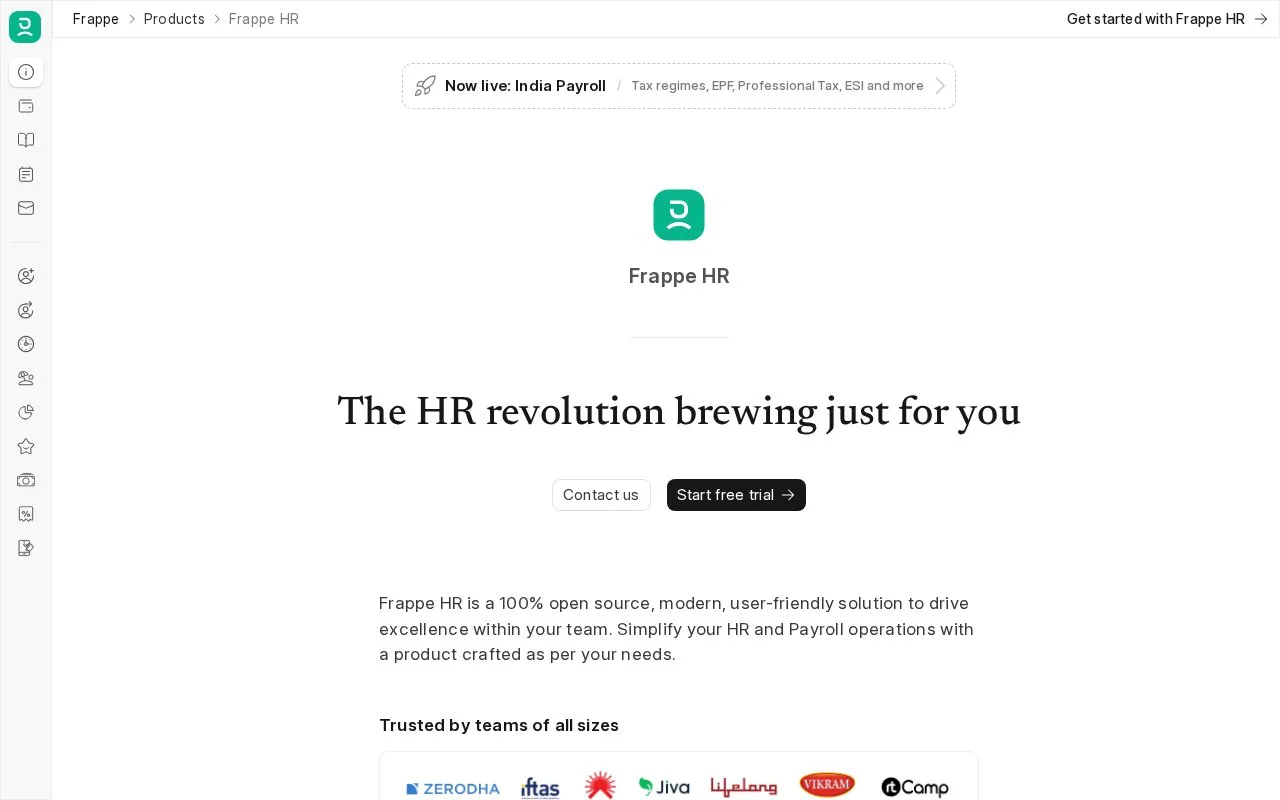 Screenshot of the Frappe HR homepage