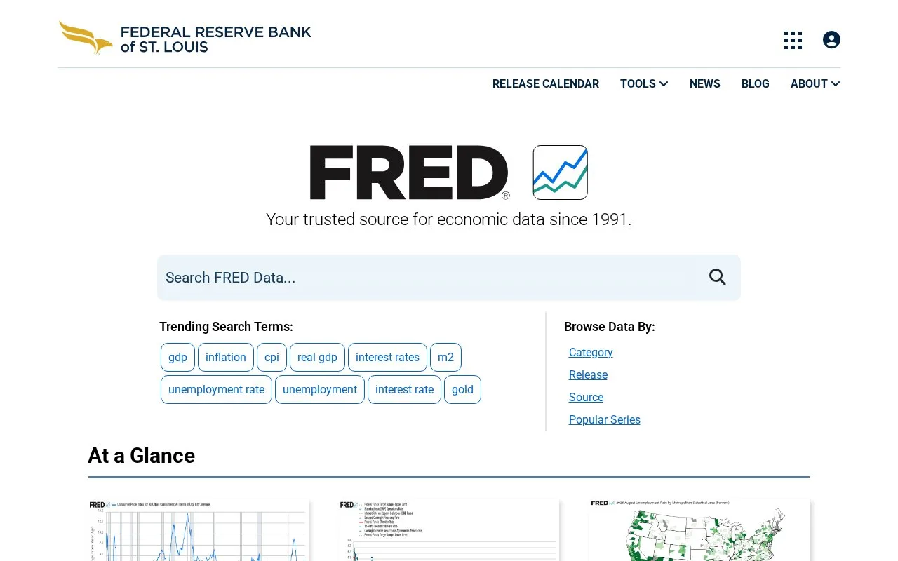 Screenshot of the FRED homepage