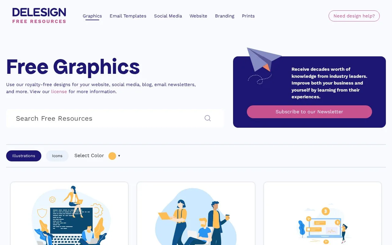 Screenshot of the Delesign Free Graphics homepage