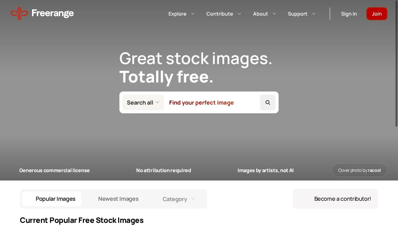 Screenshot of the Freerange Stock homepage
