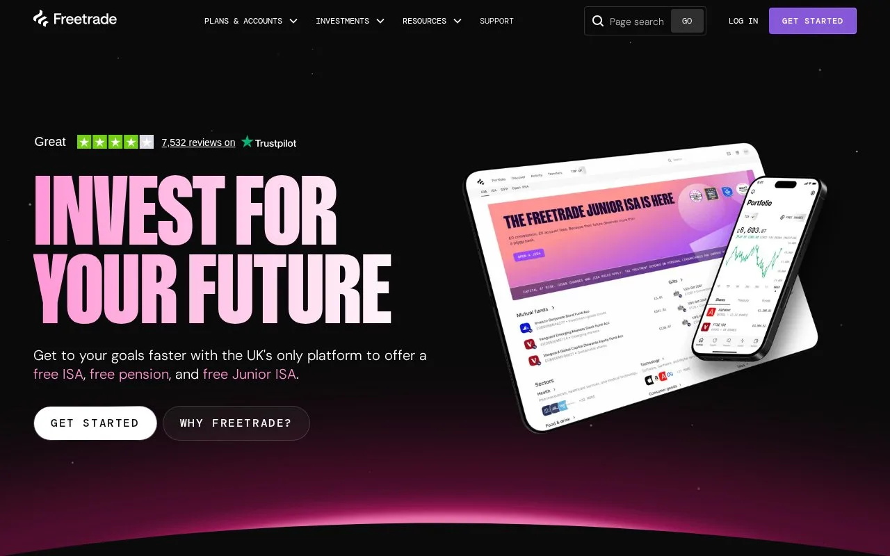 Screenshot of the Freetrade homepage