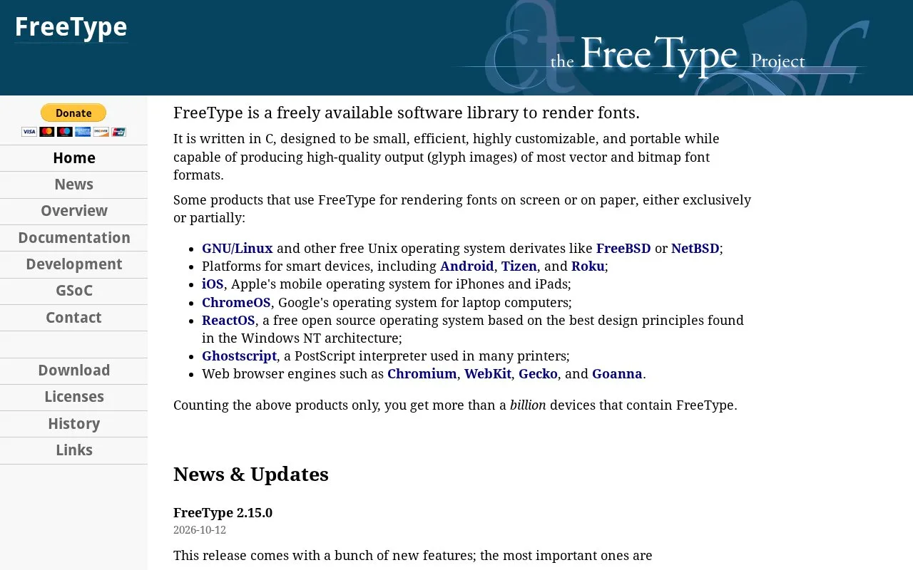 Screenshot of the FreeType homepage