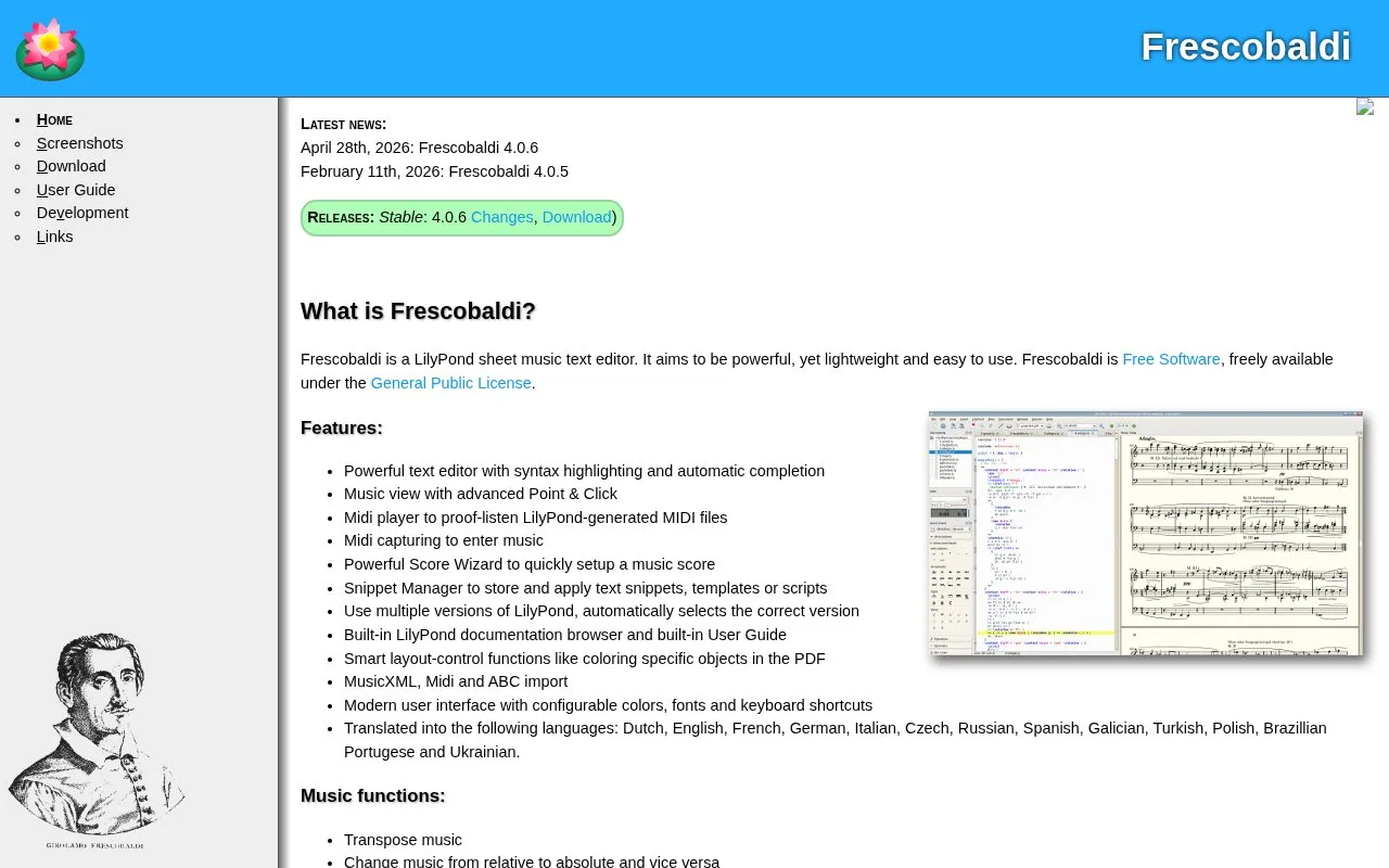 Screenshot of the Frescobaldi homepage