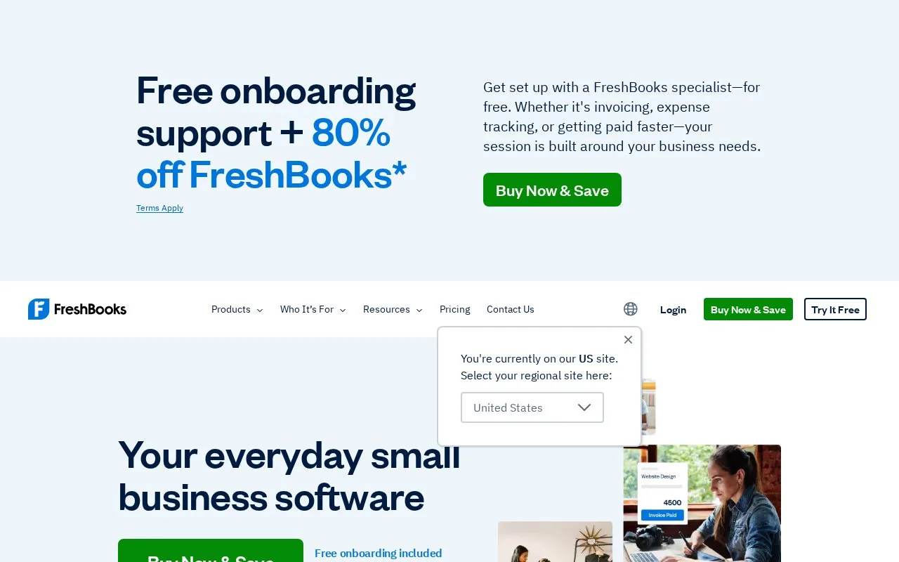 Screenshot of the FreshBooks homepage