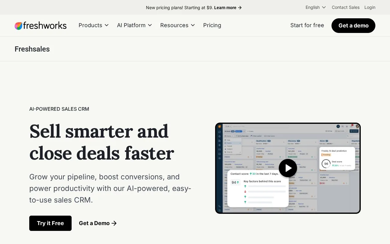 Screenshot of the Freshsales homepage