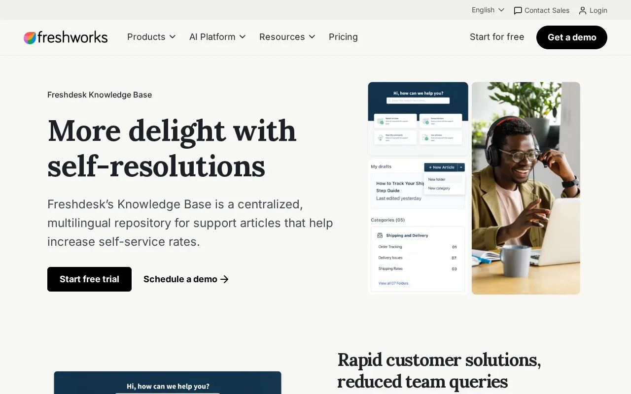 Screenshot of the Freshdesk Knowledge Base homepage