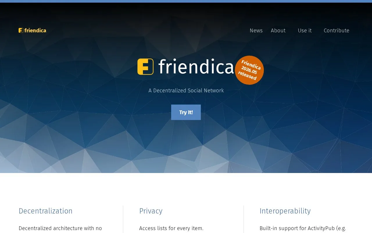 Screenshot of the Friendica homepage