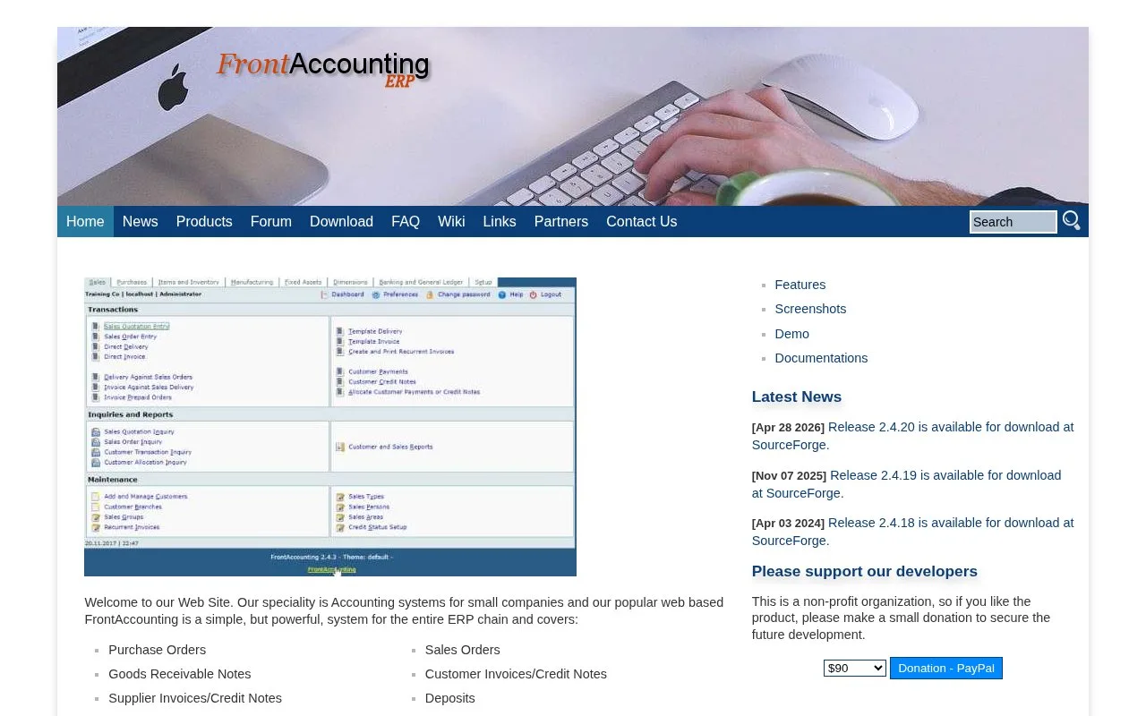 Screenshot of the FrontAccounting homepage
