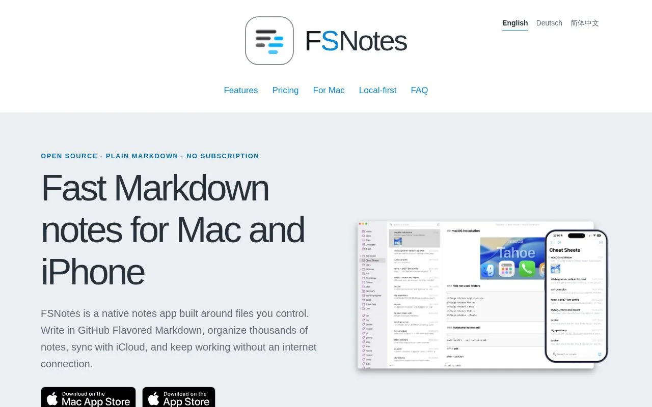 Screenshot of the FSNotes homepage