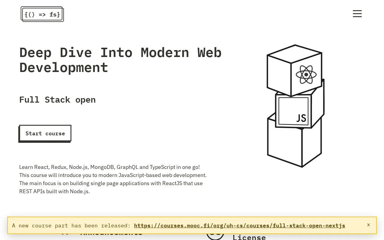 Screenshot of the Full Stack open homepage