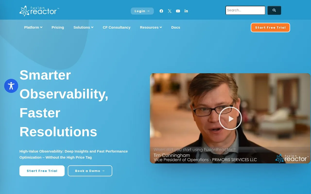 Screenshot of the FusionReactor homepage