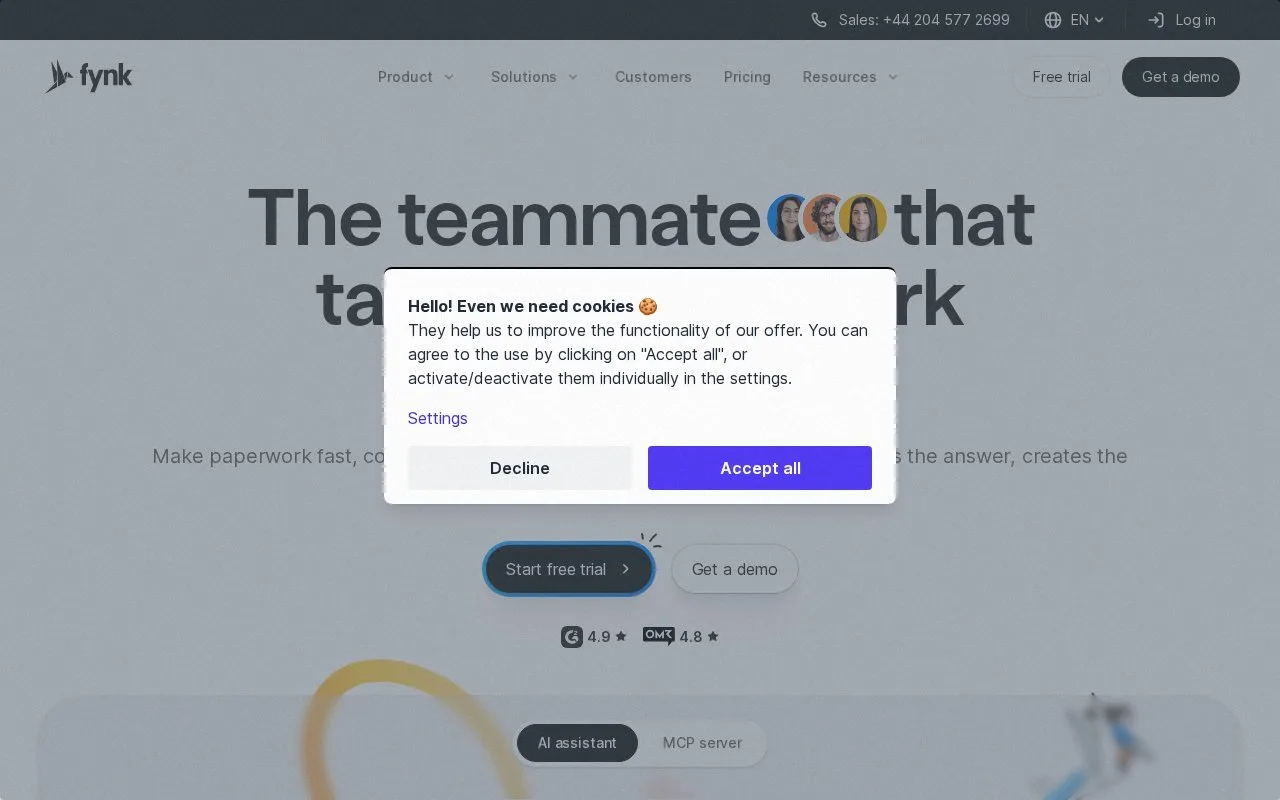 Screenshot of the fynk homepage