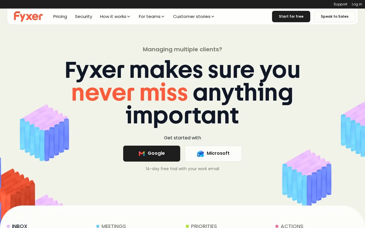 Screenshot of the Fyxer homepage