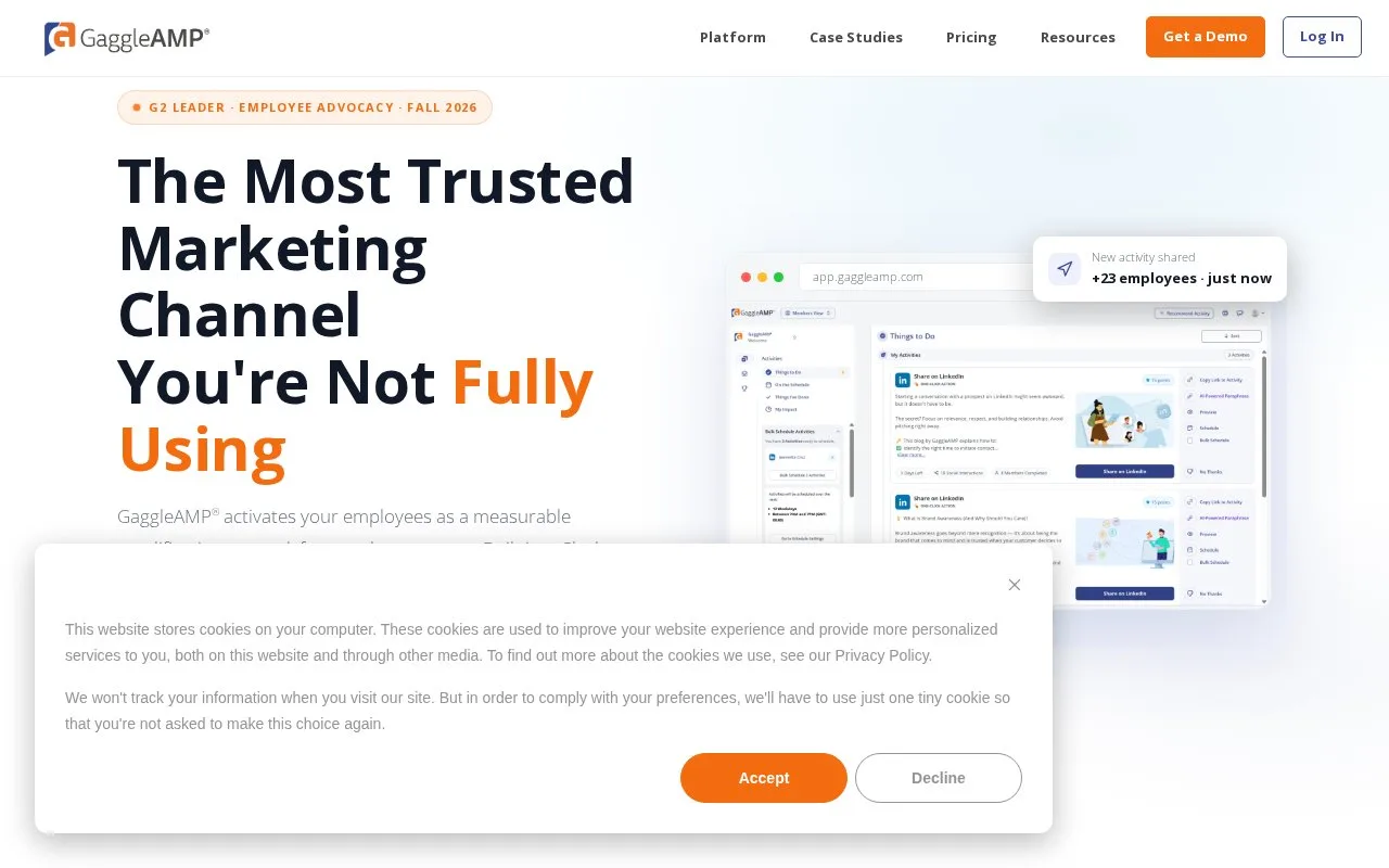 Screenshot of the GaggleAMP homepage