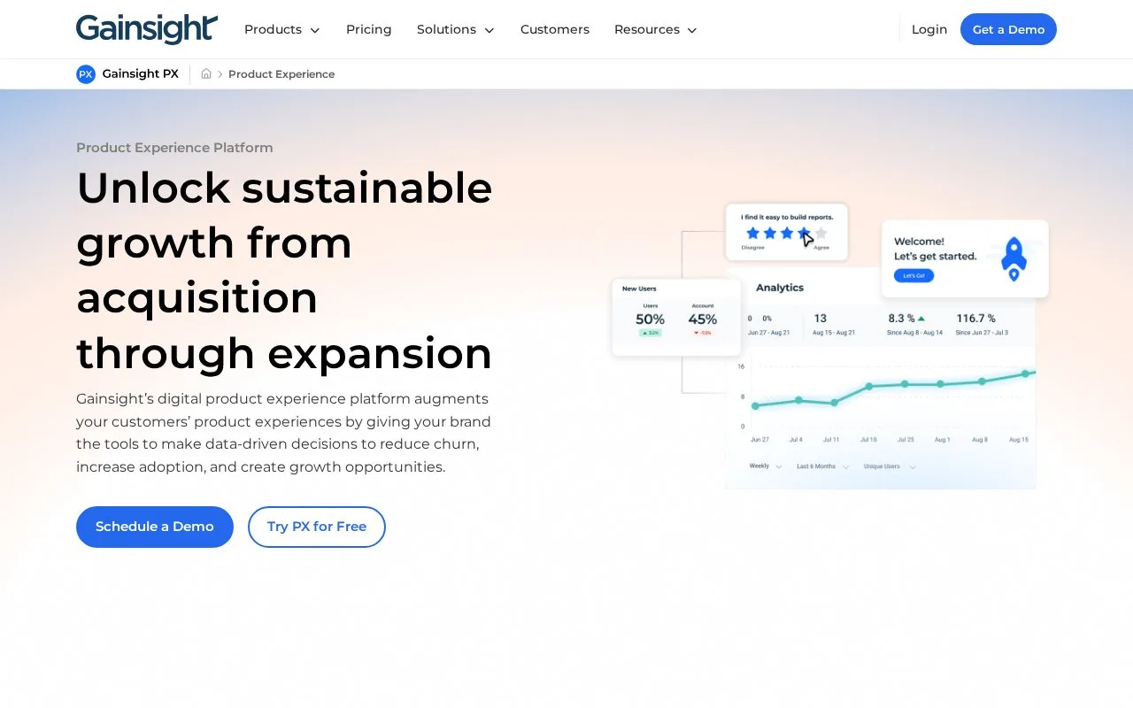 Screenshot of the Gainsight PX homepage