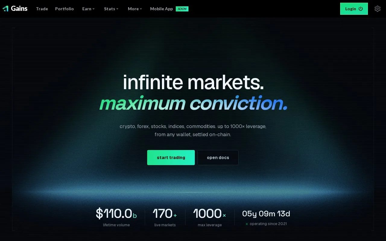 Screenshot of the Gains Network homepage