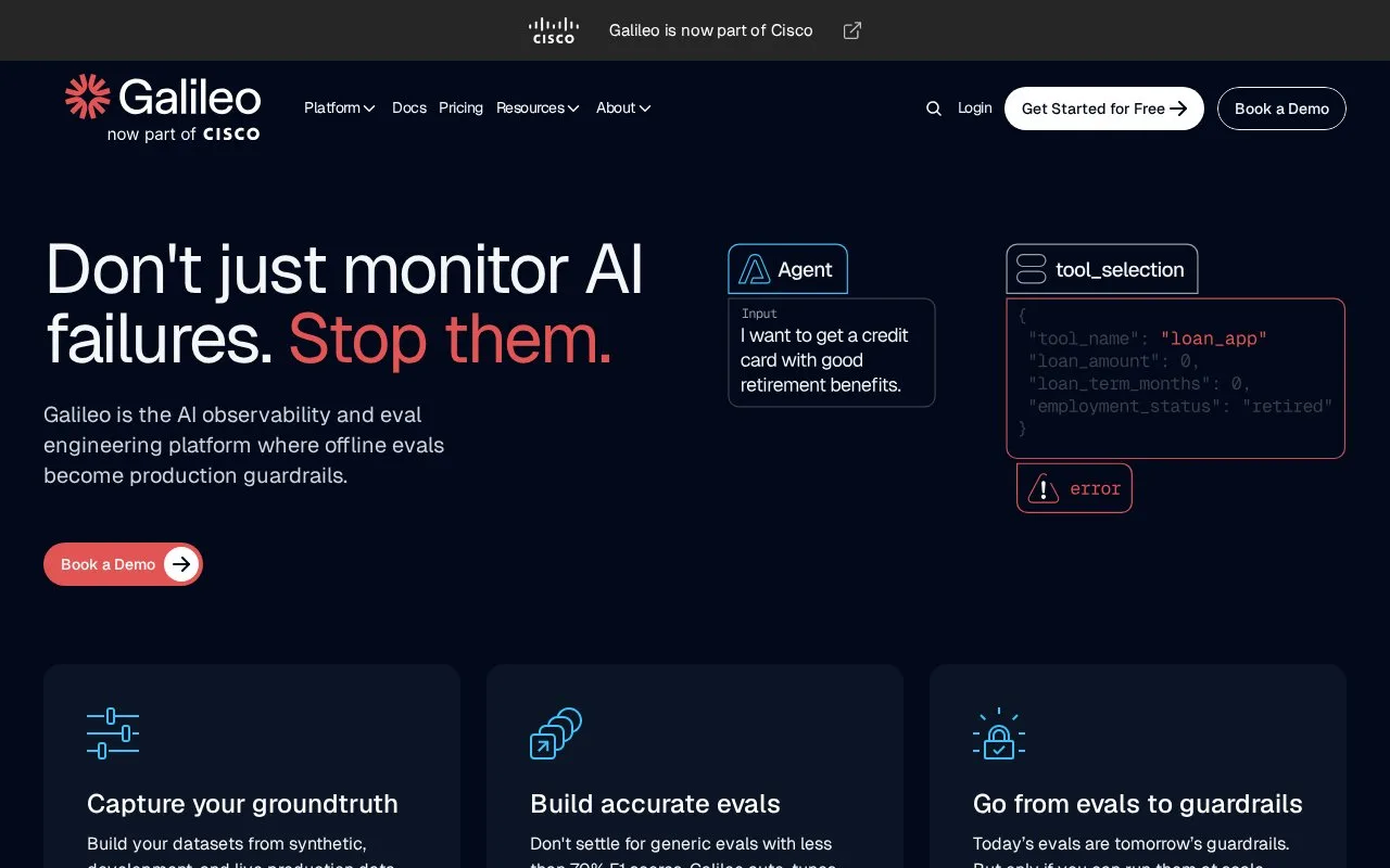Screenshot of the Galileo AI homepage