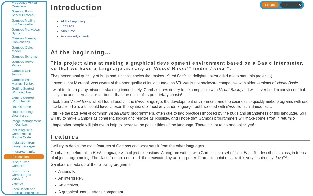 Screenshot of the Gambas homepage