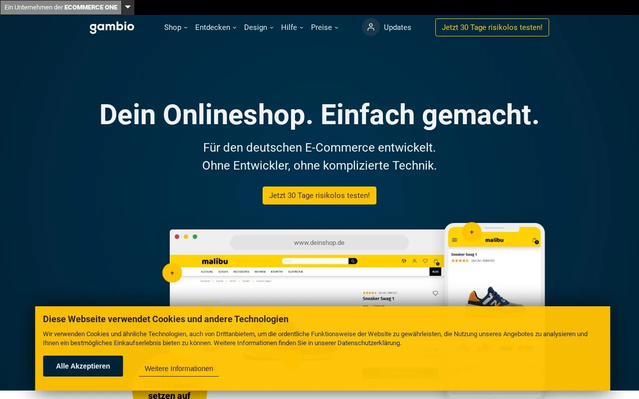 Screenshot of the Gambio homepage
