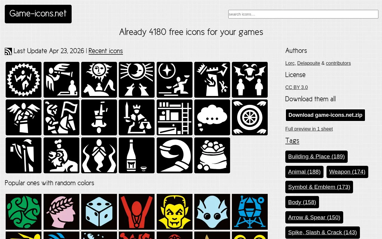 Screenshot of the Game-icons.net homepage