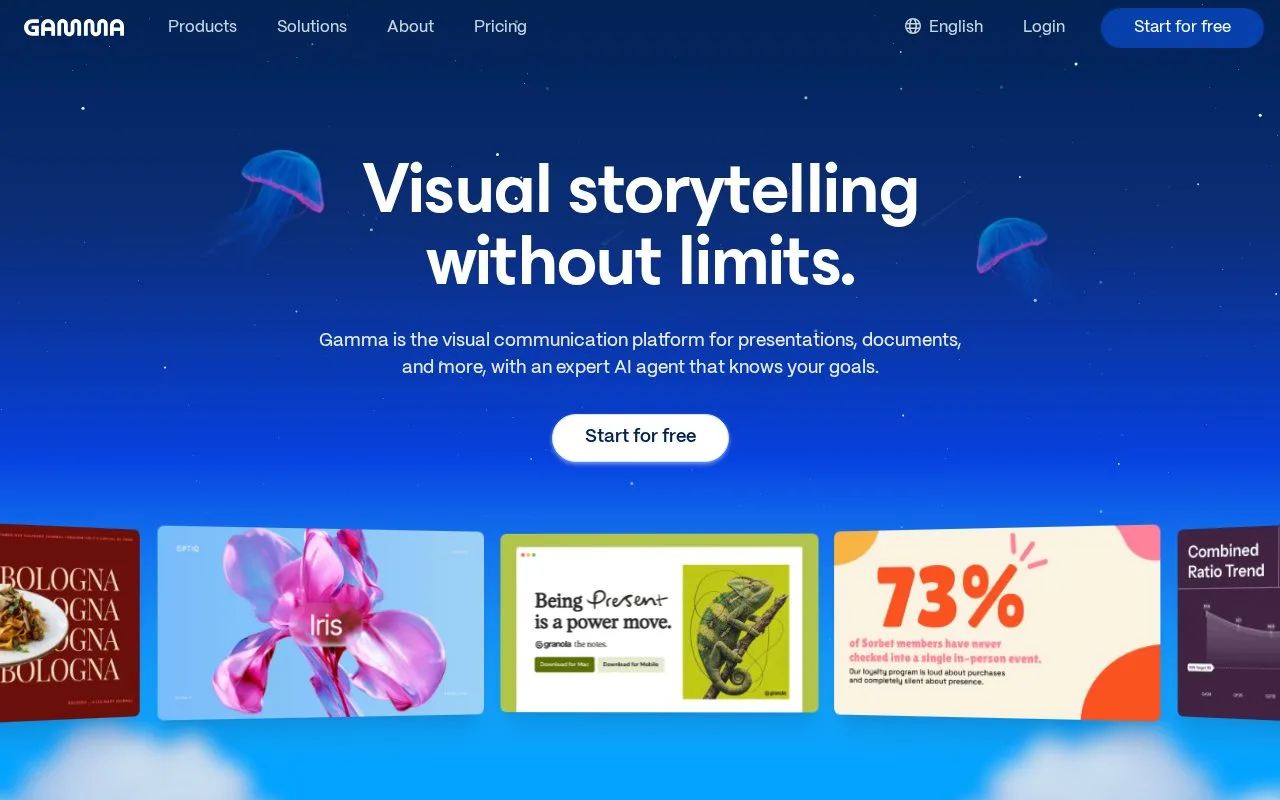 Screenshot of the Gamma homepage