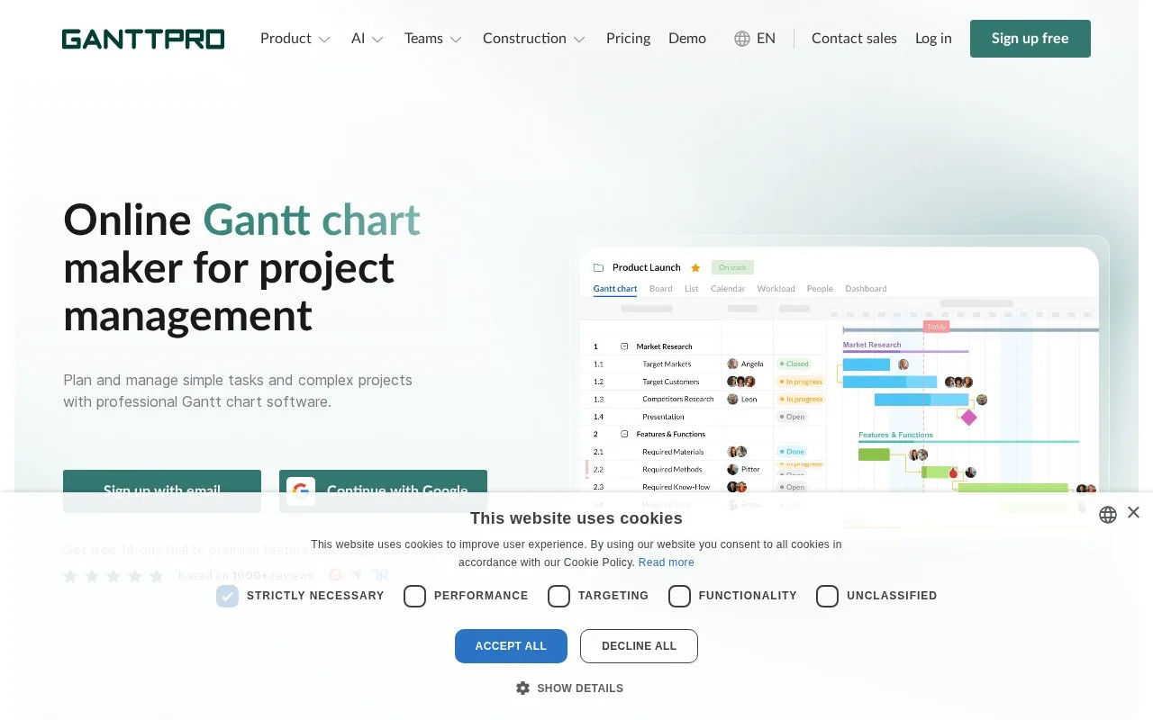 Screenshot of the GanttPRO homepage