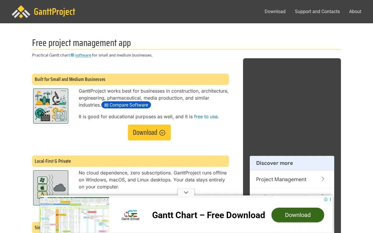 Screenshot of the GanttProject homepage