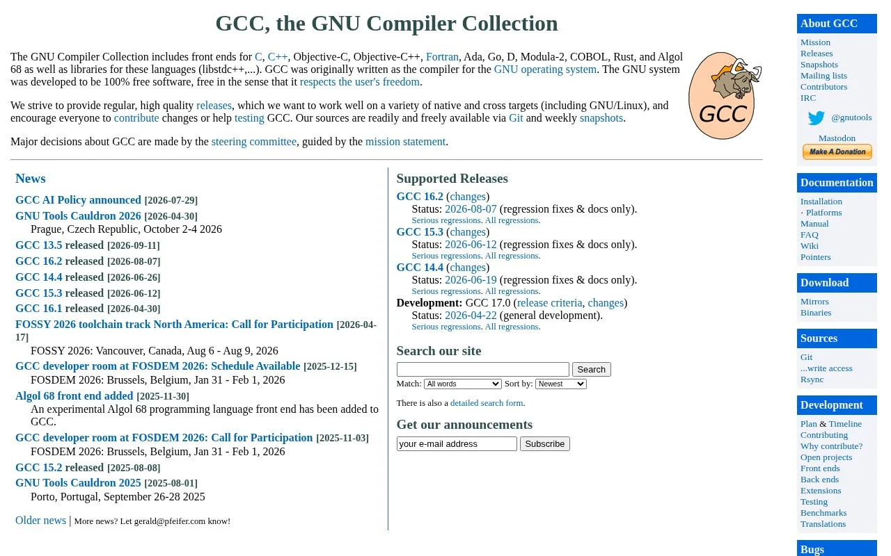 Screenshot of the GNU Compiler Collection homepage