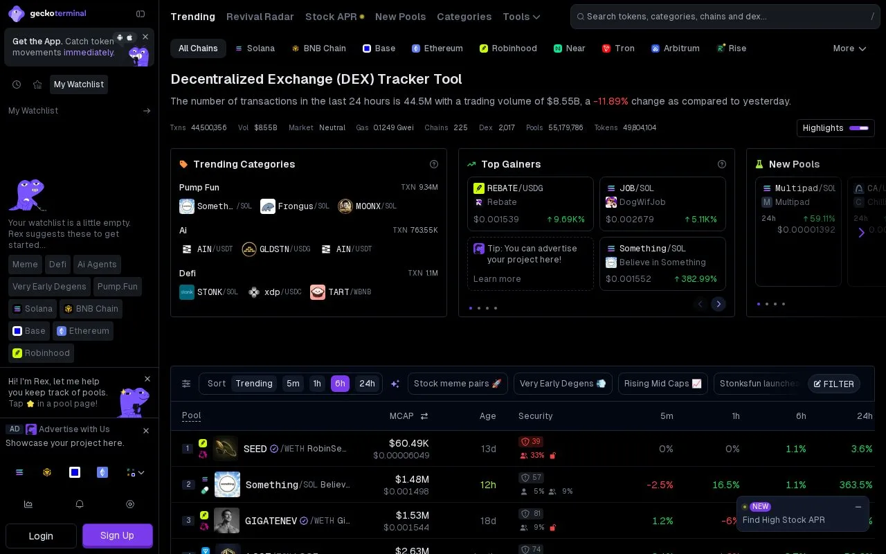 Screenshot of the GeckoTerminal homepage