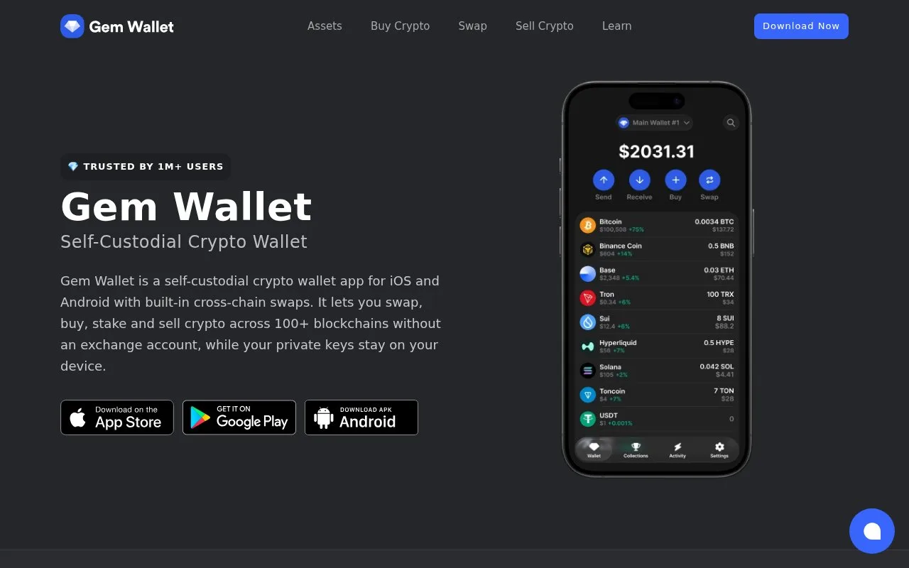 Screenshot of the Gem Wallet homepage
