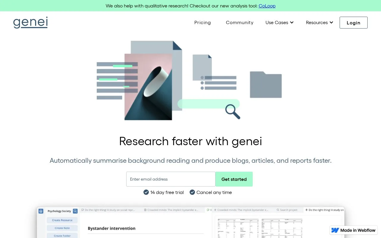 Screenshot of the genei homepage