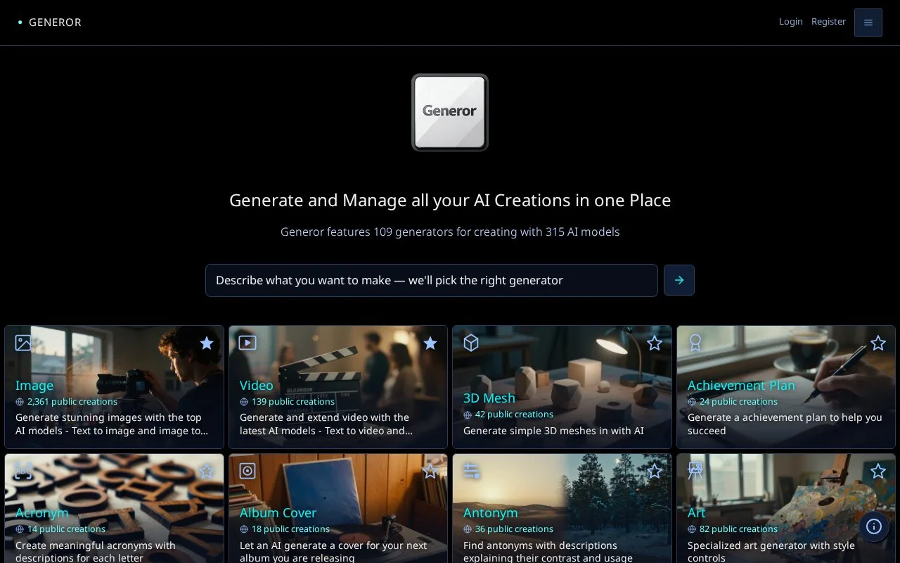 Screenshot of the Generor homepage