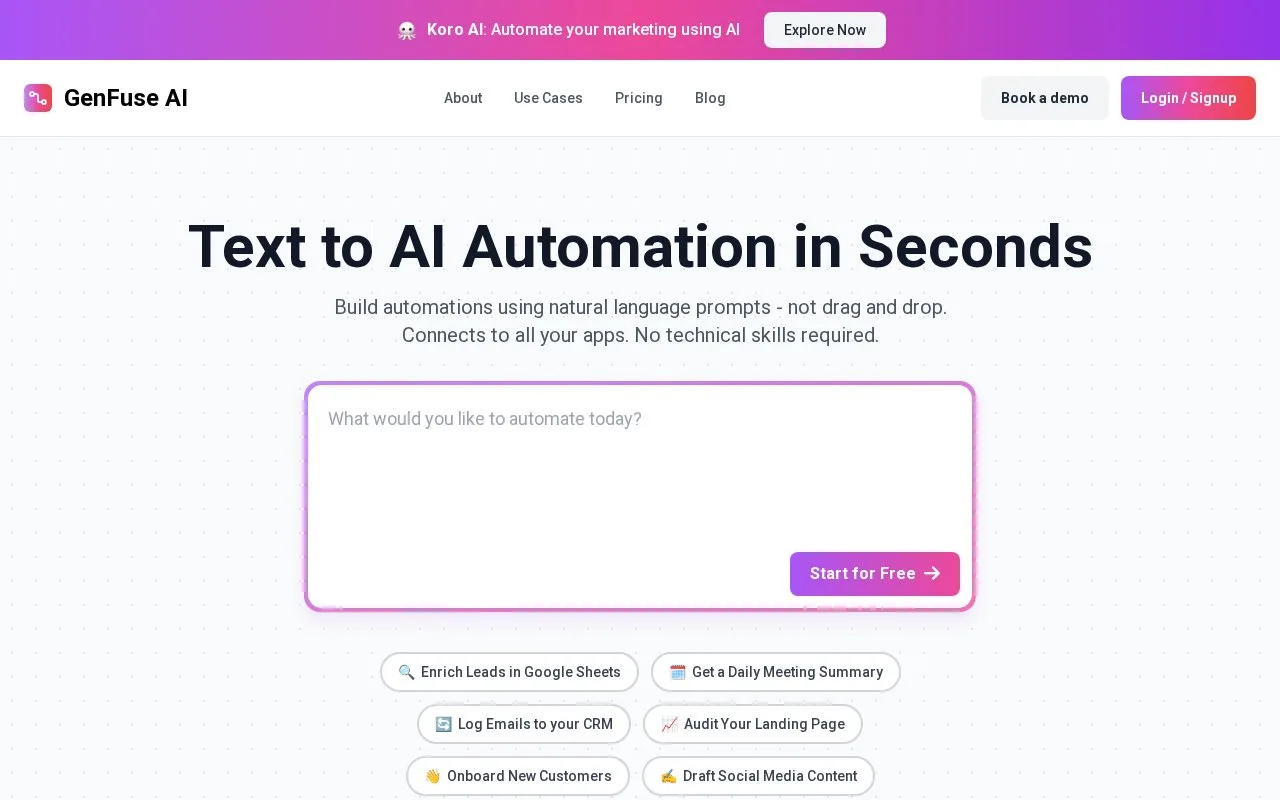 Screenshot of the GenFuse AI homepage