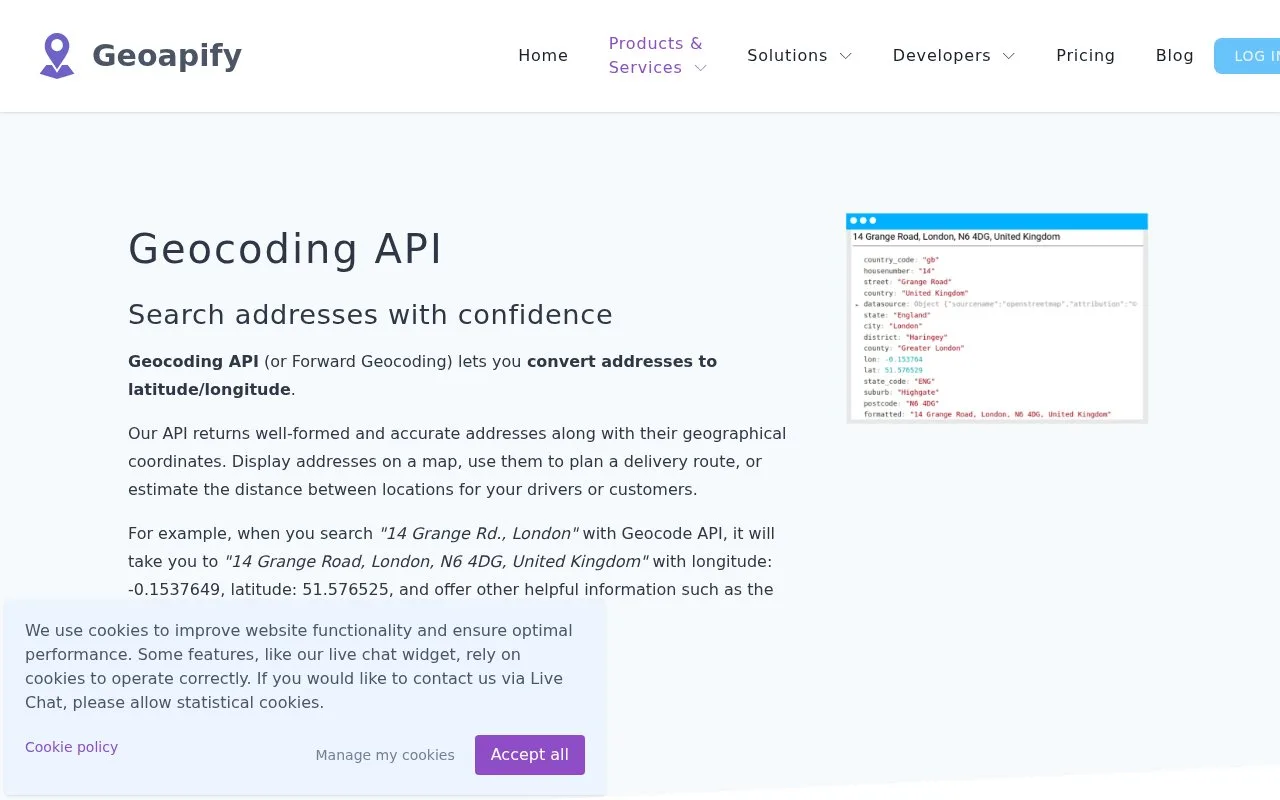 Screenshot of the Geoapify Geocoding API homepage