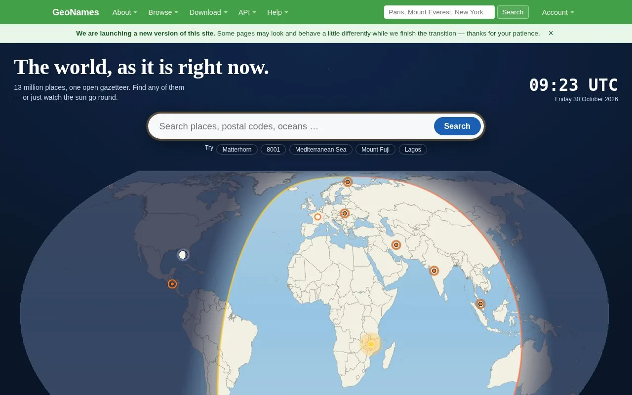 Screenshot of the GeoNames homepage