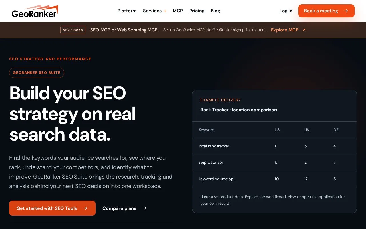 Screenshot of the GeoRanker SEO Suite homepage