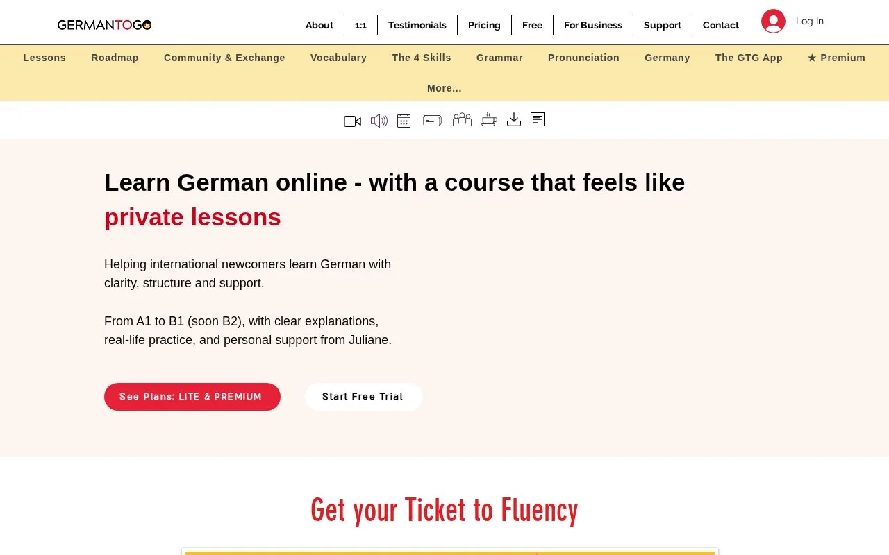 Screenshot of the German to Go homepage